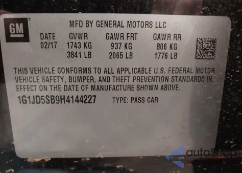 2017 Chevrolet Sonic Lt Auto z USA, uszkodzony, nr VIN 1G1JD5SB9H4144227